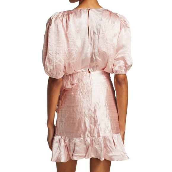 RONNY KOBO NWOT Blush Pink Satin Mindy Puff-Sleeve Faux Wrap Flounce Mini Dress - Picture 10 of 12